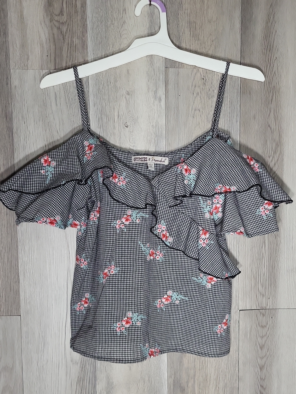 Gypsies & Moondust Small Floral Gingham Off Shoulder Ruffle Top Boho Cottagecore